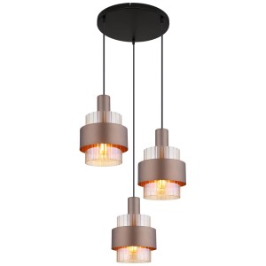 Lampada a sospensione Globo Milley, 3 luci, nero opaco/ambra con vetro.