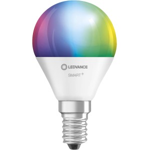 Lampadina Ledvance Smart+ Wifi Mini RGBW E14, lampada LED smart colorata in bianco.