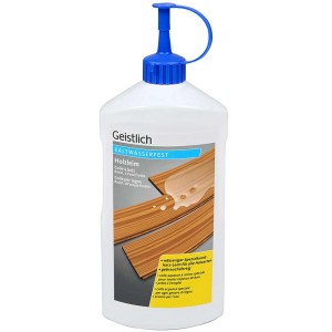 Colla per legno bianca, resistente all'acqua fredda, flacone da 1,1 kg con tappo blu.