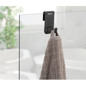 Gancio doccia nero Wenko Verna Duo con asciugamano su parete doccia fino a 10mm.