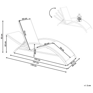 Schéma : Bain de soleil Gaeta en acier beige avec dimensions et dossier réglable.