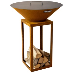 Brasero Feu du Jardin Fyro 80 aspect rouille avec rangement pour le bois.