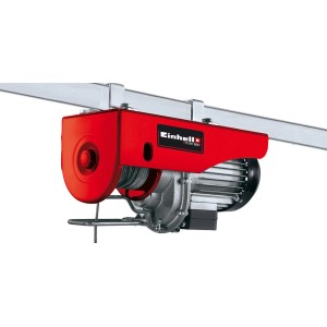 Treuil à câble Einhell TC-EH 500, un palan rouge pour le levage de charges, monté sur un rail métallique.