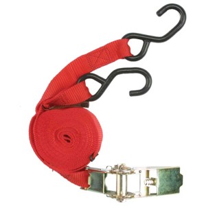 Sangle d'arrimage rouge Unitec avec cliquet, 2 crochets en acier, longueur 5 m et capacité de charge 260 kg.