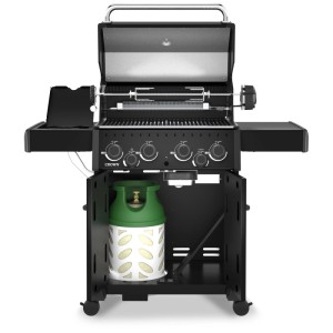 Broil King Crown 490 Shadow Gasgrill, Gusseisen, Schwarz, mit Drehspieß und Seitenkocher.