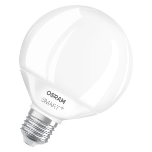 Lampadina Osram Smart+: LED E27 a globo, RGBW, 14W, 14 x 9,5 cm.