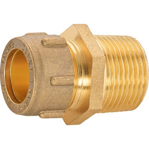 Nipplo di transizione a vite in ottone 34 mm per raccordi a compressione, vista dettagliata.