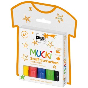 Kreul Mucki Stoffmalstifte Sternchen, 5er-Set in Gelb, Rot, Blau, Grün, Schwarz. Malzubehör für Kinder.