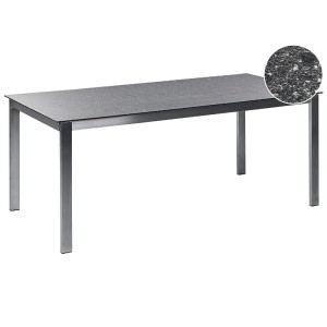 Tavolo da giardino Beliani Cosoleto, vetro di sicurezza nero, 180x90 cm, struttura in acciaio inox.