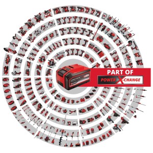 Batteria Einhell Power X-Change con cerchio di utensili. Sistema di batterie per molti dispositivi.