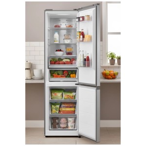 Frigorifero combinato SPC KKS3443 Inox aperto e pieno di cibo.