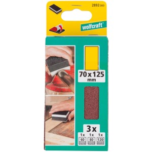 Set levigatrice manuale Wolfcraft, 4 pezzi, con strisce abrasive di varie grane.