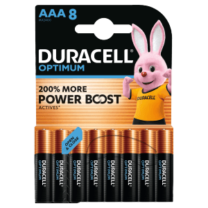 Piles Duracell Optimum AAA, lot de 8. Piles alcalines à performance améliorée.