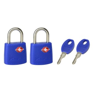 2 blaue Master Lock TSA Reise-Vorhängeschlösser mit Schlüsseln im 2er-Pack.