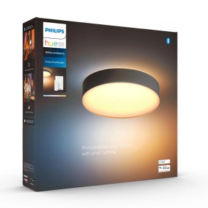 Confezione della lampada da soffitto nera Philips Hue Enrave M con dimmer e luce bianca calda.