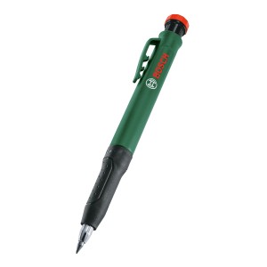 Crayon marqueur pour trous profonds Bosch, vert avec clip et taille-crayon pour un marquage précis.