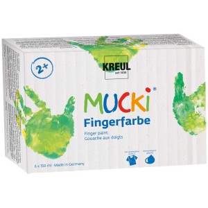 Kreul Mucki Fingerfarben 6er-Set, leuchtende Farben für Kinder zum Malen mit Händen, Pinsel oder Schwamm.