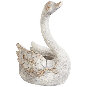 Weisse Gartenskulptur Schwan aus Magnesiumoxid mit verwitterter Optik, kupferfarbenen Details, als Übertopf.