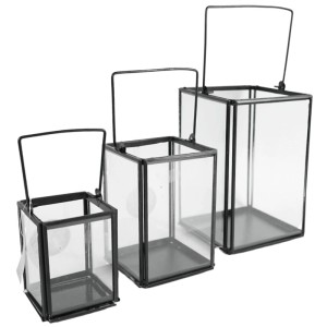 Ensemble de lanternes noires, 3 pièces, avec verre et poignées. Bougeoirs décoratifs pour intérieur et extérieur.