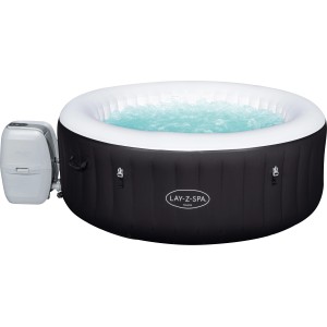 Bestway Lay-Z-Spa Miami AirJet, spa gonflable noir avec pompe et eau bleue.