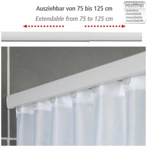 Wenko Barre de douche télescopique Era, blanche, extensible de 75 à 125 cm, avec rideau de douche.