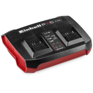 Chargeur Einhell PXC Power X-Twincharger 4A rouge et noir pour charger deux batteries simultanément.