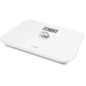 Weisse digitale Personenwaage Dynamo Scale mit Display und Knopf zur Stromerzeugung.