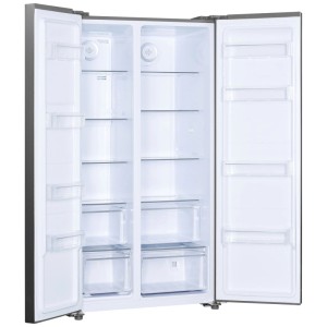 Réfrigérateur-congélateur Beko SBS300 inox, side-by-side, ouvert. Vue intérieure avec étagères en verre et tiroirs, 521 l.