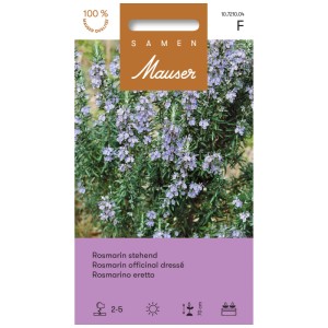 Confezione di semi di rosmarino eretto con cespuglio di rosmarino in fiore.