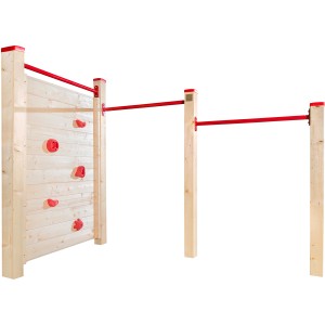 Stazione ginnica e di arrampicata Weka Tabaluga in legno di abete rosso con prese e barre rosse.