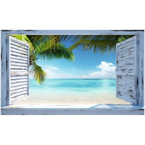 Quadro Beach Shutters: Vista attraverso persiane bianche su spiaggia e mare.