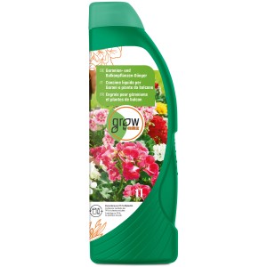 GROW by OBI Engrais géraniums et plantes de balcon, bouteille 1l pour floraison luxuriante.