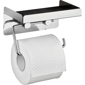 Porta carta igienica Wenko in acciaio inox con ripiano per accessori bagno e carta igienica.
