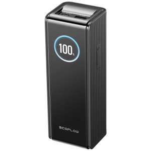 Powerbank Ecoflow noire avec 25000 mAh et port USB-C, niveau de charge 100%.