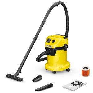 Kärcher WD 3 P V-17/6/20 aspirateur eau et poussière jaune avec accessoires tels que buses et filtre.