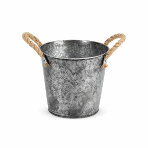 Vaso DecoFinder Elis in zinco, grigio argento con struttura martellata e due manici in corda.