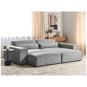 Canapé d'angle en tissu gris Beliani Hellnar, forme en L avec pouf et coussins.