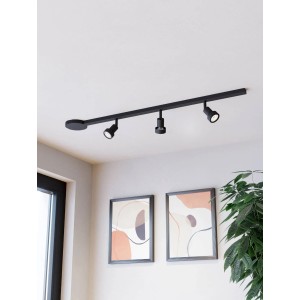 Système de rail noir EGLO EASYT avec 3 spots (GU10, max. 10W, L 1020mm) au plafond.