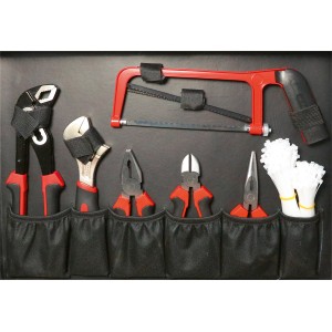 Set d'outils : Trolley à outils avec pinces, scie, colliers de serrage dans une mallette noire.
