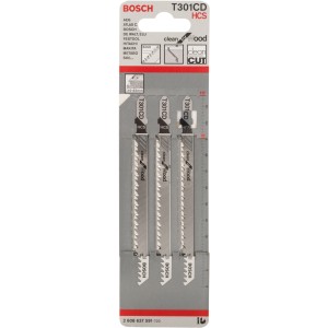 Lames de scie sauteuse Bosch Pro T 301 CD Clean for Wood, lot de 3 pour des coupes nettes dans le bois.