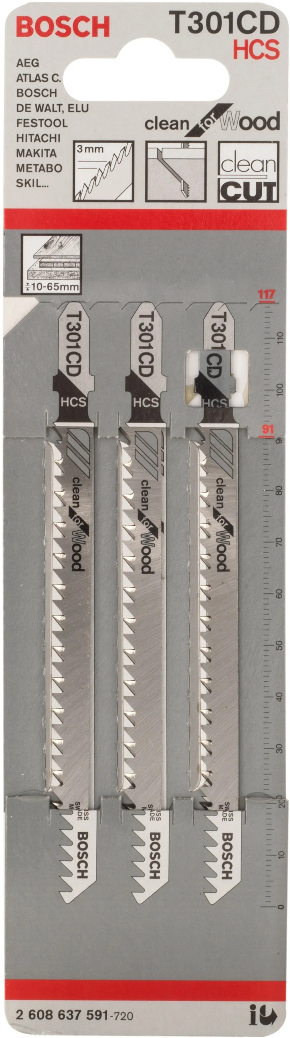 BOSCH 5x Stichsägeblatt T 301 CD L.91mm HCS Zahnt.3mm f.Weichholz
