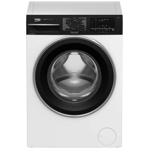 Lave-linge Beko frontal WM321 blanc. Panneau de commande noir, porte avec anneau chromé. 8 kg, 1400 tr/min.