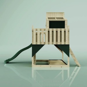Maisonnette sur pilotis PolarPlay Komet avec toboggan vert et échelle, en bois.