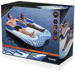 Emballage du matelas pneumatique double Bestway Hydro-Force Indigo Wave avec motif bleu et blanc, porte-gobelets et appuie-têtes.