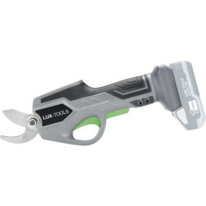 Sécateur à batterie LUX-TOOLS A-AS-20/30, 20V, sans batterie. Sécateur gris avec interrupteur vert.
