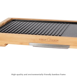Griglia Teppanyaki TYG 1143 con telaio in bambù e piastra grill rigata.