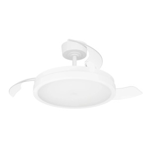 Ventilatore da soffitto LED Eglo Malpica bianco con luce integrata e pale trasparenti parzialmente estese.