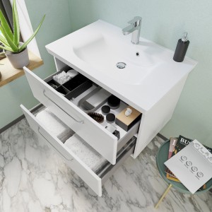 Lavabo Pelipal Trentino in marmo minerale, 80 cm, con mobile sottolavabo aperto e cassetti.