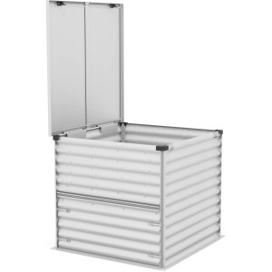 Composteur Vitavia Tami Alu, brut, 99x99x87cm, avec couvercle ouvert et trappe de retrait.