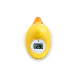 Thermomètre de bain Rotho en forme de canard jaune avec affichage numérique de la température.